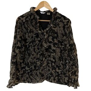Laura Ashly Elegant Black Velvet Burnout Paisley Blouse‎ Size 8P Button Front LS